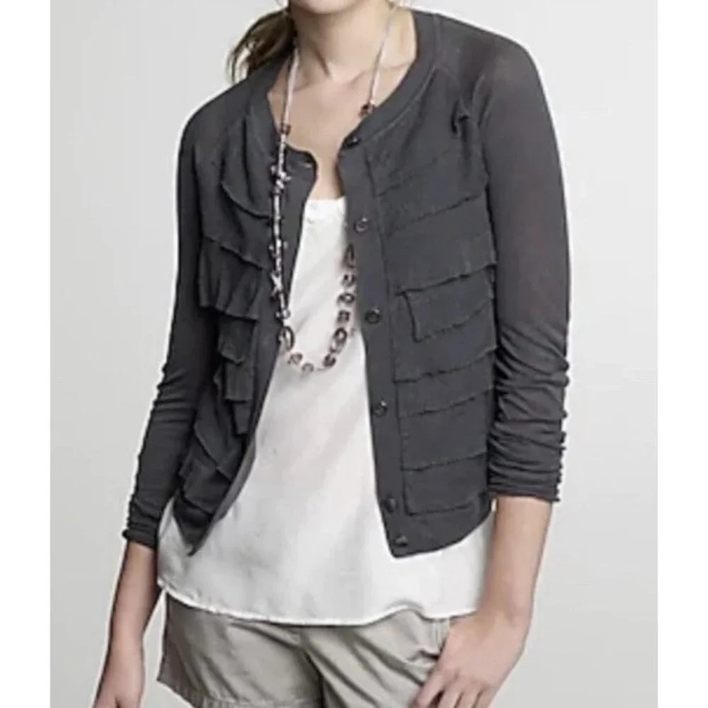 J.Crew Gray Ruffle Cardigan Silk Linen Long Sleeve Lightweight Semi Sheer S - M - Picture 1 of 9